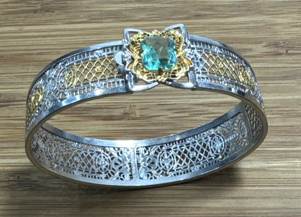 1933 J.J. White Art Deco Aqua Glass Filigree Bracelet Patented Two Tone
